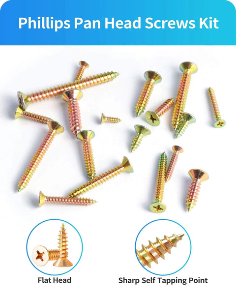 Assorted Phillips flat head self-tapping screws from the 600 Piece Stainless Steel Wood Screws Kit With Zinc Plated Finish.