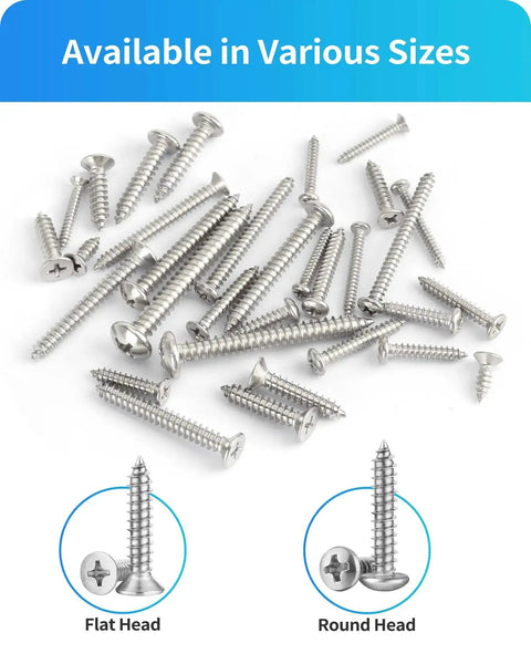 Stainless Steel Self Tapping Screws Assortment Kit 560 Pcs M3 M4 M5 M6 Flat Head And Round Head Phillips Drive Wood Screws Silver