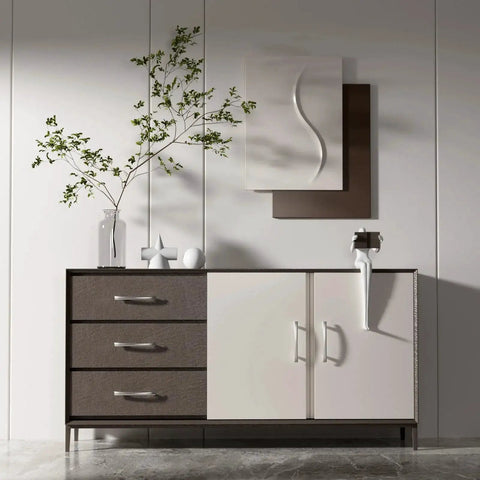 Modern cabinet with 20 Pack Brushed Nickel Cabinet Pulls 5 Inch Arch Curved Drawer Handles, featuring minimalist decor on top.