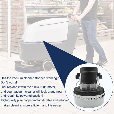 120V vacuum cleaner motor, 2-stage blower, 5.7-inch, with gasket; inset motor image with floor scrubber in background