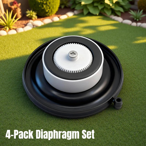 FRUSSONIA 4-pack sprinkler valve diaphragm repair kit on lawn; white geared diaphragm with screw and black housing.