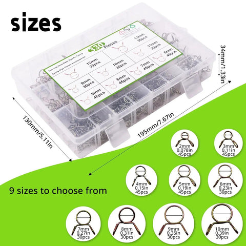 Image of the 330 Piece Stainless Steel Spring Hose Clamps Assortment Kit 5 To 13 Mm Nine Sizes For Fuel Line Water Pipe Air Tubing Automotive Plumbing And DIY Go To Corrosion Resistant With Tool Free Installation with size chart