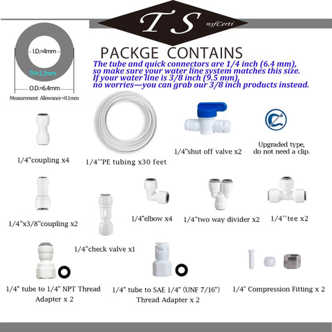 TSnsfCerti 1/4 in water line tubing and push-to-connect fittings kit for RO use, includes 30 ft tubing and 23 connectors