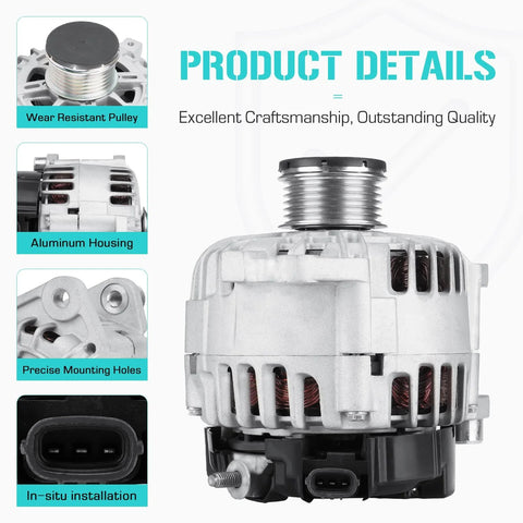 Drop-In 2.5L Alternator Replacement For Altima, Sentra And Rogue With 3-Pin Plug showing wear-resistant pulley and aluminum housing