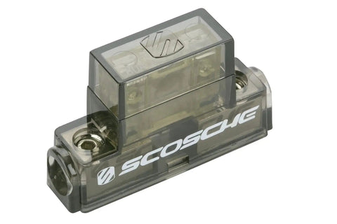 Inline Fuse Holder For 4 Or 8 Gauge Power Wire With 40 Amp And 80 Amp Maxi Fuses Included Beefy Protective Cover Corrosion Resistant Platinum Finish High Current Wiring Accessory With Lifetime Tech Support, front view.
