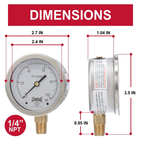 Industrial Grade Two And One Half Inch Dial Liquid Filled Pressure Gauge For Pumps And Compressors, side and front view.