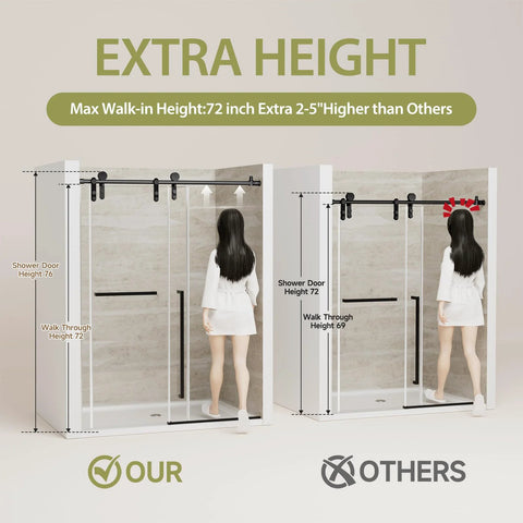 Comparison of barn-style sliding shower door with exposed rollers showing extra walk-in height