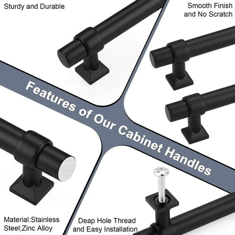 Close-up of Matte Black Cabinet Pulls 5 Pack With 2.5 Inch Hole Centers T Bar Drawer Pulls featuring stainless steel and zinc alloy material