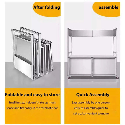 Heavy Duty Food Cart On Wheels For Street Food Markets And Events, Thickened Sheet Metal Construction with foldable and assembled views