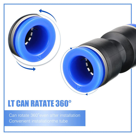 Push-to-connect air hose fitting with blue collar and black body; straight pneumatic connector for 4–12 mm tubes; 360° rotatable