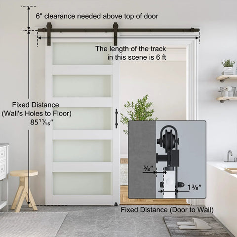 34 X 84 Inch Glass Barn Door With 6 Ft Sliding Hardware Kit And Handle, Pre Drilled Ready To Assemble, Waterproof PVC Coating, White, 5 Panel Glass, Frosted On One Side And Clear On The Other, Space Saving Modern Interior Door installed