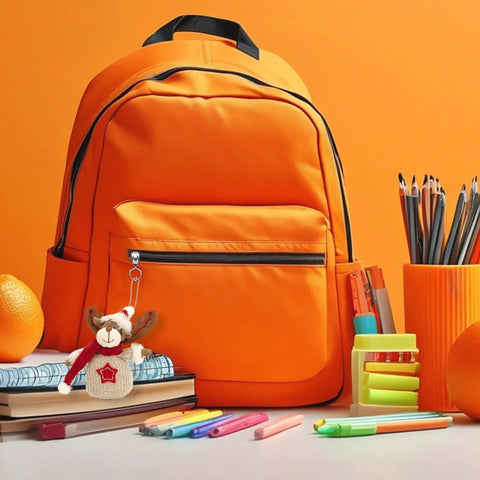 Orange backpack with a reindeer keychain, stationery items, and books on an orange background.