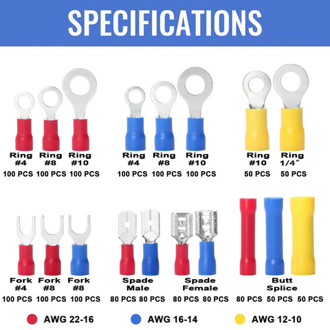 Qibaok insulated copper wire terminals kit with ring, fork, spade, and butt splice connectors in red, blue, yellow.