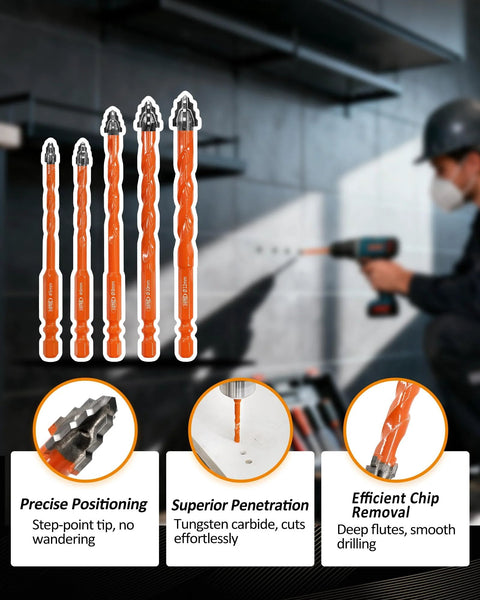Four Blade Serrated Eccentric Masonry Drill Bit Set For Concrete Brick Tile Marble And More Ten Pack Carbide Bits With One Quarter Inch Shank Versatile Masonry Drill Bits displayed with close-up features and usage illustration