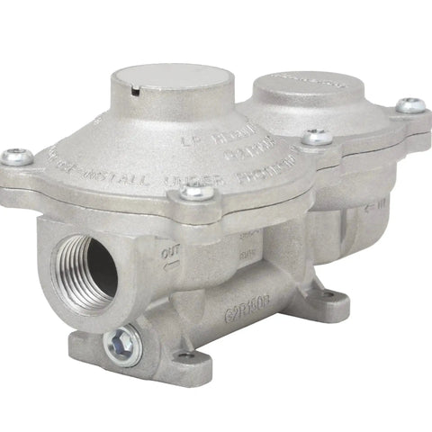 Dual Stage Propane Regulator For RVs Vans Trailers Campers 160000 BTU Vertical Mount Heavy Duty Aluminum Construction side view