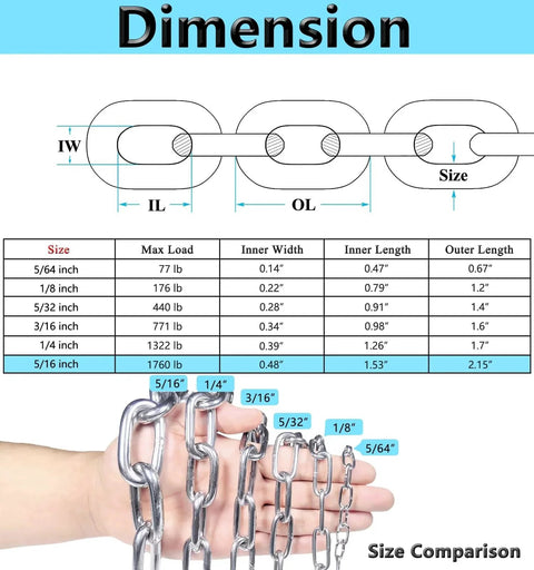 6.5 Foot 5/64 Inch Stainless Steel Chain For Home And Outdoor Use Light Duty Metal Link Chain size chart and comparison