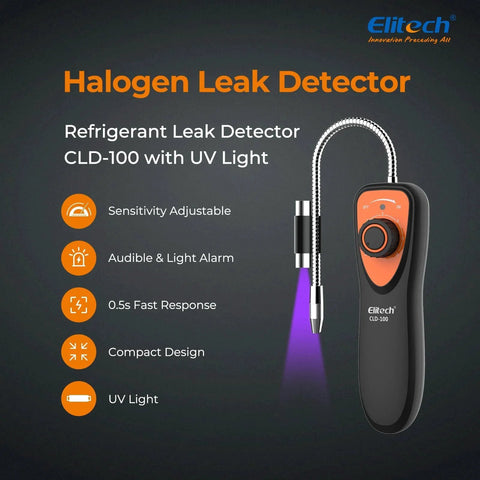 Advanced Freon Leak Detector For Car HVAC Systems With 6 Second Preheat And Adjustable Sensitivity Detects R11 R22 R134A R404A R410A And All Halogenated Refrigerants Including CFC HCFC HFC Blends Elitech CLD 100 with UV light and adjustable probe.
