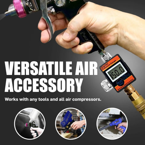 LE LEMATEC digital air pressure regulator with LED display gauge, 1/4 NPT valve, held in hand