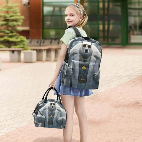Bear Themed Sunglasses Backpack With Insulated Cooler Lunch Box, Lightweight 15.6 Inch Laptop Daypack shown on a girl