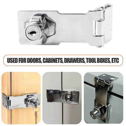 3 Inch Keyed Door Lock Hasp Latch In Stainless Steel, installation examples on doors, cabinets, drawers.