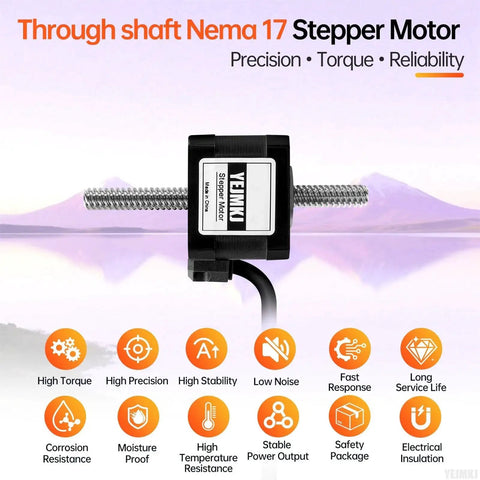 Through Shaft Nema 17 Stepper Motor TR8x8 100mm 1.8 Degree High Torque with features icons in scenic background.