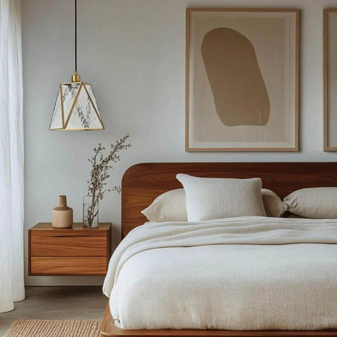 Copper Brass Pendant Light With Water Ripple Glass Lampshade, 10.2 Inch Geometric Pendant Lighting in modern bedroom setting.