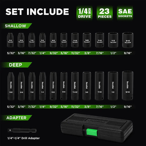 Heavy Duty 23-Piece 1/4 Inch Drive Socket Set With Deep And Shallow 12-Point Impact Sockets Cr-V Steel SAE 5/32 To 9/16 Inch Includes Drill Adapter