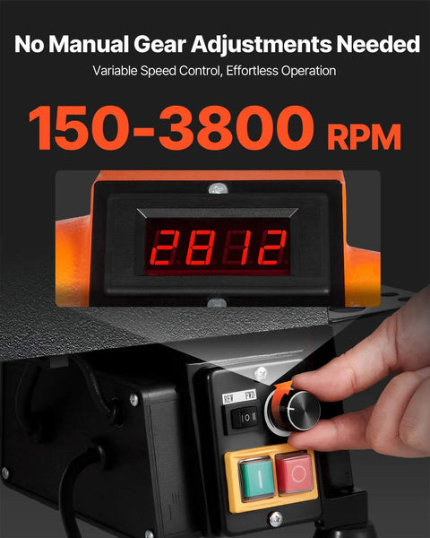 Close-up of control panel showing 150-3800 RPM variable speed on Benchtop Wood Lathe With 1 HP Motor, Brushless DC Motor.