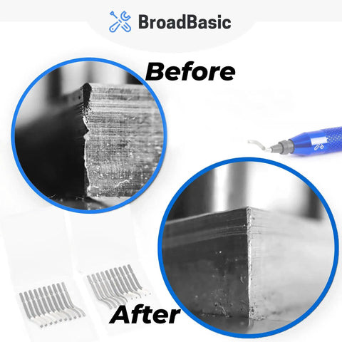 Before and after image showing deburring tool kit with 20 high speed steel blades improving metal edge finish for burr remover.