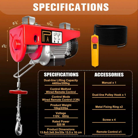 Electric Hoist 440 Lb Winch With 13 Ft Remote 38 Ft Lift For Garage And Warehouse with specifications and accessories listed.