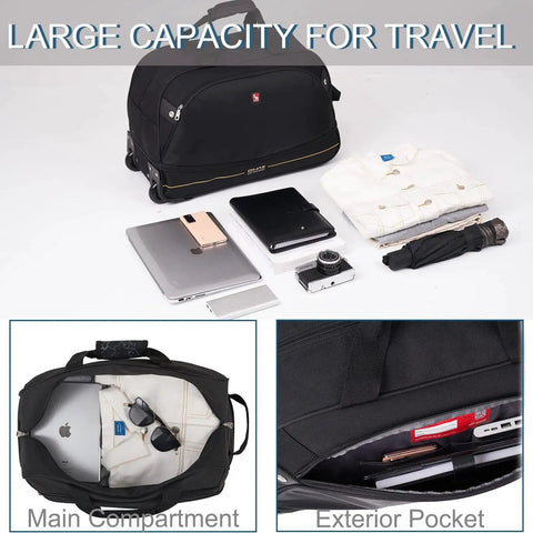 22 Inch Rolling Duffel Bag With Wheels For Weekend Travel And Carry On, Expandable From 50L To 60L, shown with packed contents