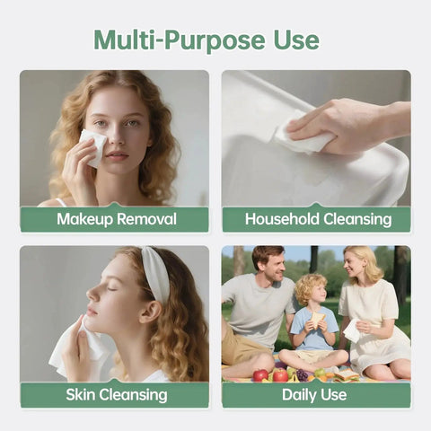 Collage showing uses of XL Biodegradable Makeup Removal Towels For Sensitive Skin Lint Free 50 Count: makeup, household, skin, daily use.