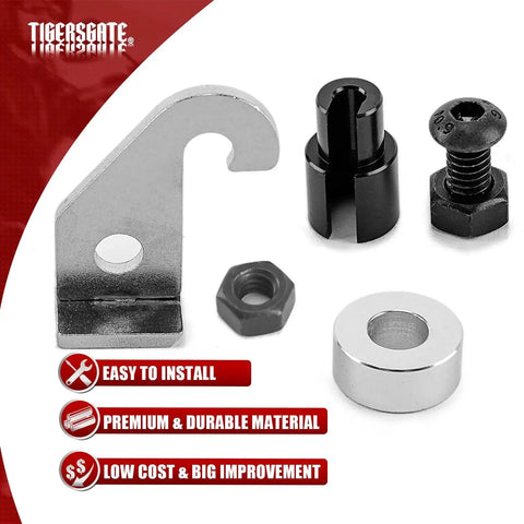 TIGERSGATE Twin Cam Easy Pull clutch lever kit components: silver curved lever, black spacers, nut, bolt, washer