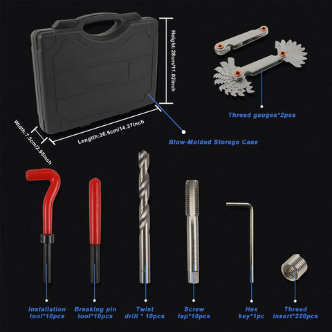263 Piece Thread Repair Kit With HSS Drill Bits And Helicoil Inserts For Metric And SAE Threads in blow-molded case with tools
