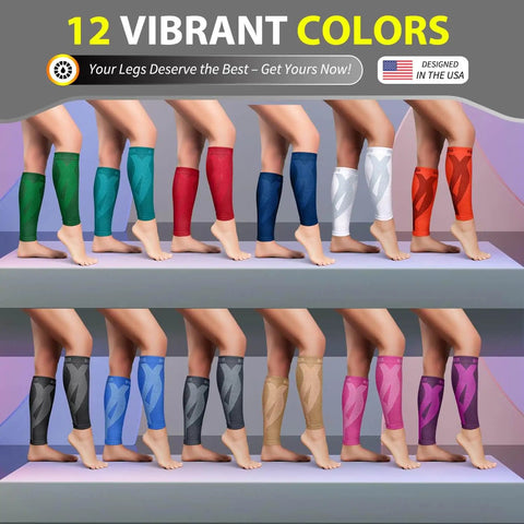 Display of colorful calf compression sleeves for men and women, showcasing footless support for varicose veins, nursing, and running.