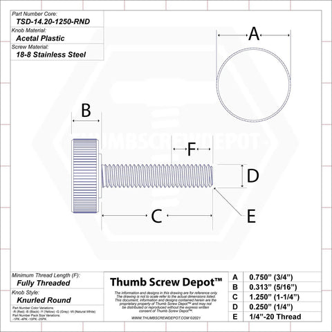 Diagram of 1/4-20 Stainless Steel Thumb Screws With Black Knurled Round Plastic Knob, side view with measurements and materials listed.