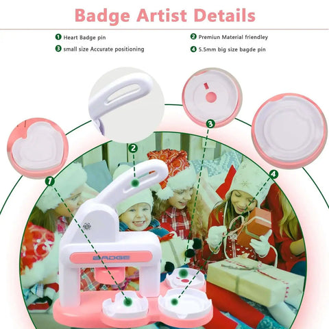 Three In One Button Maker Kit With 86 Sets Of Parts shown with kids using it during a holiday party, highlighting heart and big size badge pins