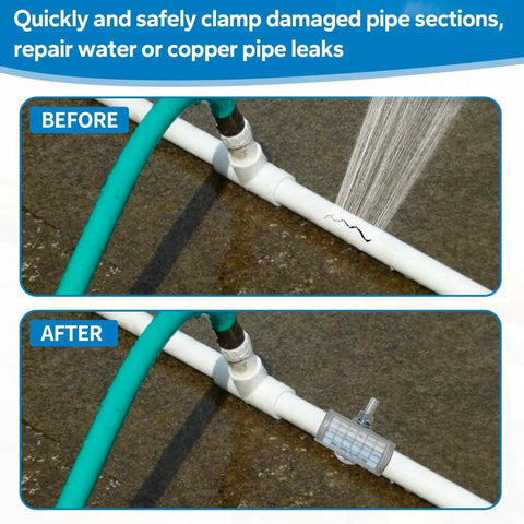 Before and after using a 1 Inch By 3 Inch Stainless Steel Pipe Repair Clamp With One Bolt for quick water and copper pipe leak repair.