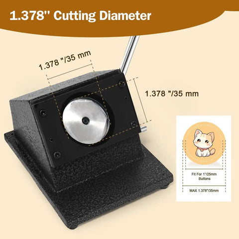 1.38 Inch Circle Paper Punch for Button Making, 35mm Die Cutter showing cutting diameter and mold compatibility