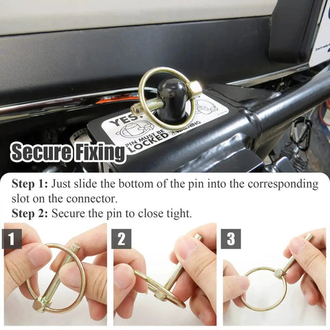 12 Pc One Quarter Inch Locking Hitch Pins With Ring Kit securing mechanism, shown installed on a towing connector, carbon steel pins.