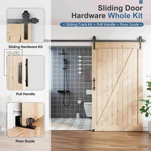 8 Foot Sliding Barn Door Hardware Track Kit With Black Wall Mount And Handle Big Industrial Spoke Wheel Pulley Smooth Quiet Glide Easy Install 96 Inch Track Fits 44 To 46 Inch Openings No Door Included installed on a wooden door with black handle and floor guide in a modern bathroom setting.