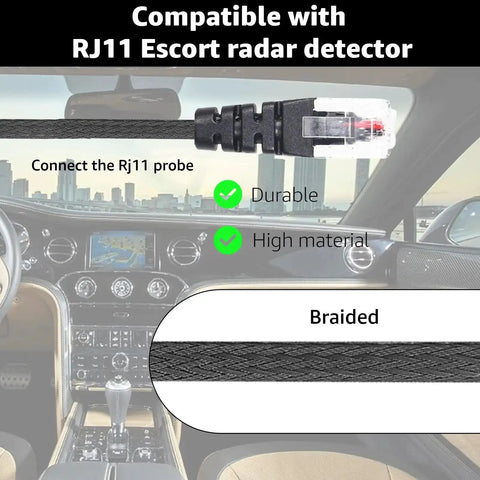 RJ11 Replacement Mirror Wire Power Cord For Escort Radar Detectors Compatible With Max 360C MaxCam Redline shown in car interior.