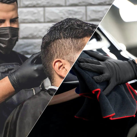 Nitrile Exam Gloves Latex Free Powder Free Disposable For Medical Use shown in use at a barbershop and cleaning with cloths.