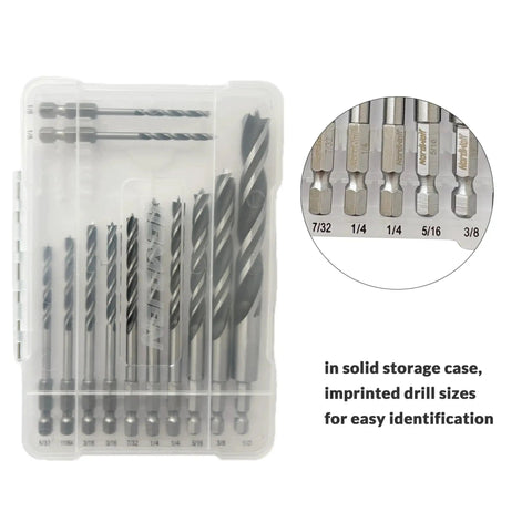 12 Piece Brad Point Wood Drill Bit Set For Woodworking And Carpentry, Double Flute Design With 1/4 Inch Hex Shank, SAE Sizes 1/8 To 1/2, in storage case