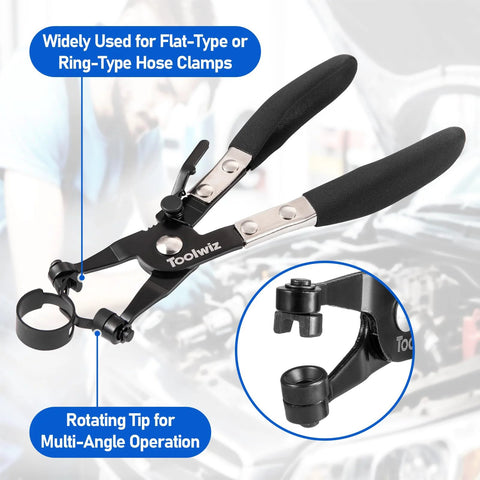 Toolwiz hose clamp pliers with rotating tip and black handles for flat-type or ring-type hose clamps