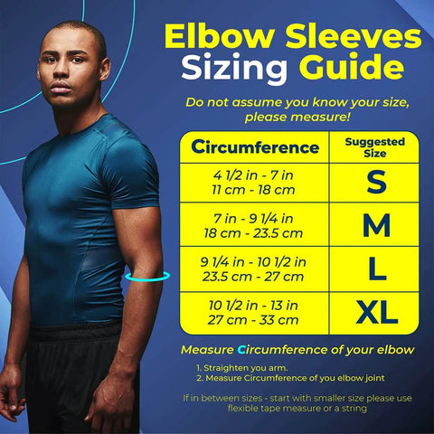 Elbow Sleeves Sizing Guide showing size chart and model with elbow measurement instructions