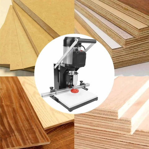 Pro Grade Electric Hinge Drilling Machine For Cabinets And Wardrobes, shown with wood panels
