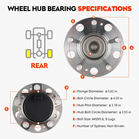 Specifications of Bolt-On Rear Wheel Hub Bearing Assembly For Hyundai Sonata 2015-2019 Tucson 2016-2019 Veloster N 2019 Optima 2016-2020 Sportage 2017-2020 Cadenza 2017-2020 5-Lug With ABS Replacement 512553 2 Piece Set