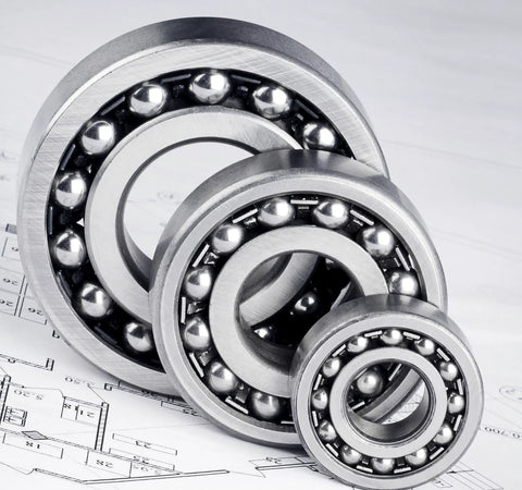 Donepart R12-2RS ball bearings, steel 3/4 x 1-5/8 x 7/16 in, set of three on blueprint.