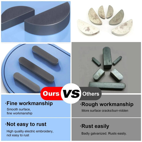 Comparison of Complete Woodruff Key Assortment Kit showcasing smooth finish versus rough finish and rust resistance.
